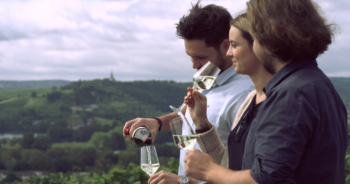 Drei junge Menschen stehen vor einem Weinbergspanorama und trinken Wein. © Hochschschule Geisenheim